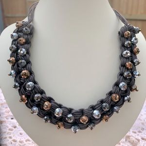 Unique Brown, Leather Braided Necklace with Silver/Copper Faceted Beads